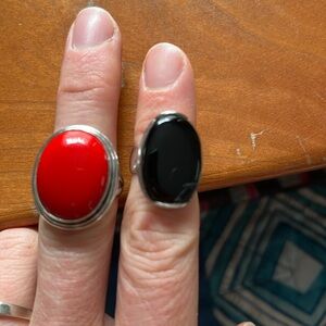 Coral and onyx stone rings set in sterling silver.